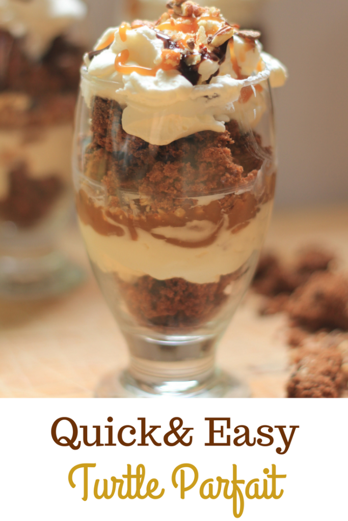 Quick and easy Turtle Parfait, made with brownies, sweet whipped cream, pecans and caramel.