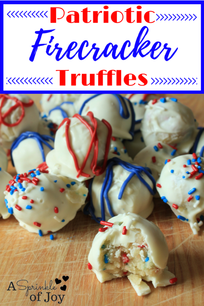 These firecracker truffles are a fun patriotic dessert that is easy to make. Great for Fourth of July (4th of July), BBQs, or anywhere. 