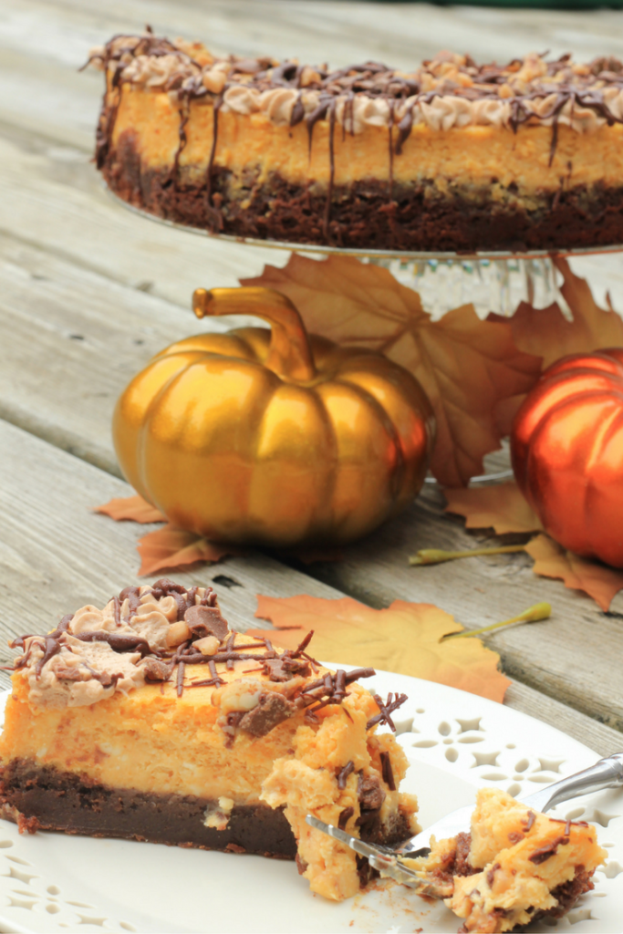 Pumpkin Cheesecake with Brownie Bottom| Are you looking for a different twist on pumpkin. Try this yummy pumpkin cheesecake made with a brownie layer on the bottom, drizzled with chocolate and topped with toffee pieces. From https://www.asprinkleofjoy.com/recipe/pumpkin-cheesecake-brownie-bottom/