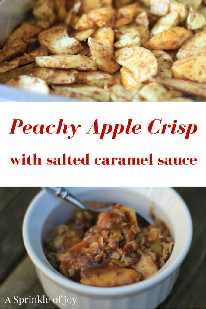 Peachy Apple Crisp| Are you looking for a new twist on apple crisp?  This peachy apple crisp is just the thing.  Apples, peaches and spices come together to make a delicious treat.