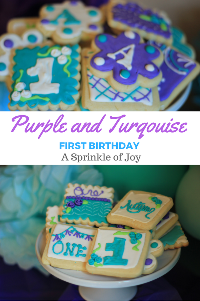 A purple and turquoise first birthday theme, that is easy to do on your own! 