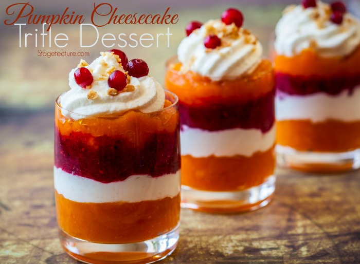 Layered pumpkin and cranberry dessert with cream