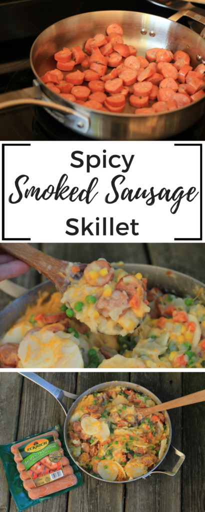 #ad This spicy smoked sausage skillet is made with potatoes, cheese, and frozen vegetable. It is a quick meal so that you can get dinner on the table fast. #EverydayEckrich