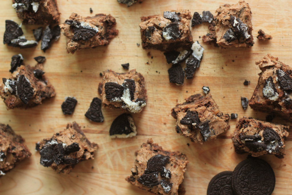 Overhead shot of caramel filled oreo brownies.