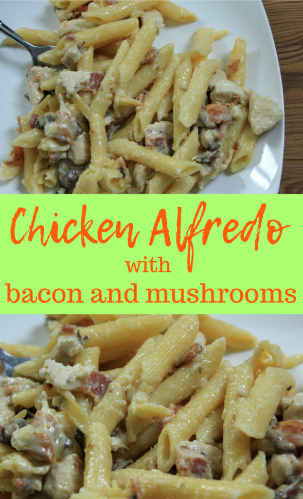 Looking for a quick and tasty chicken Alfredo? I have you covered with this recipe. Plus it includes bacon and mushrooms! Click to get the recipe. #cooking #recipe #chicken #bacon 