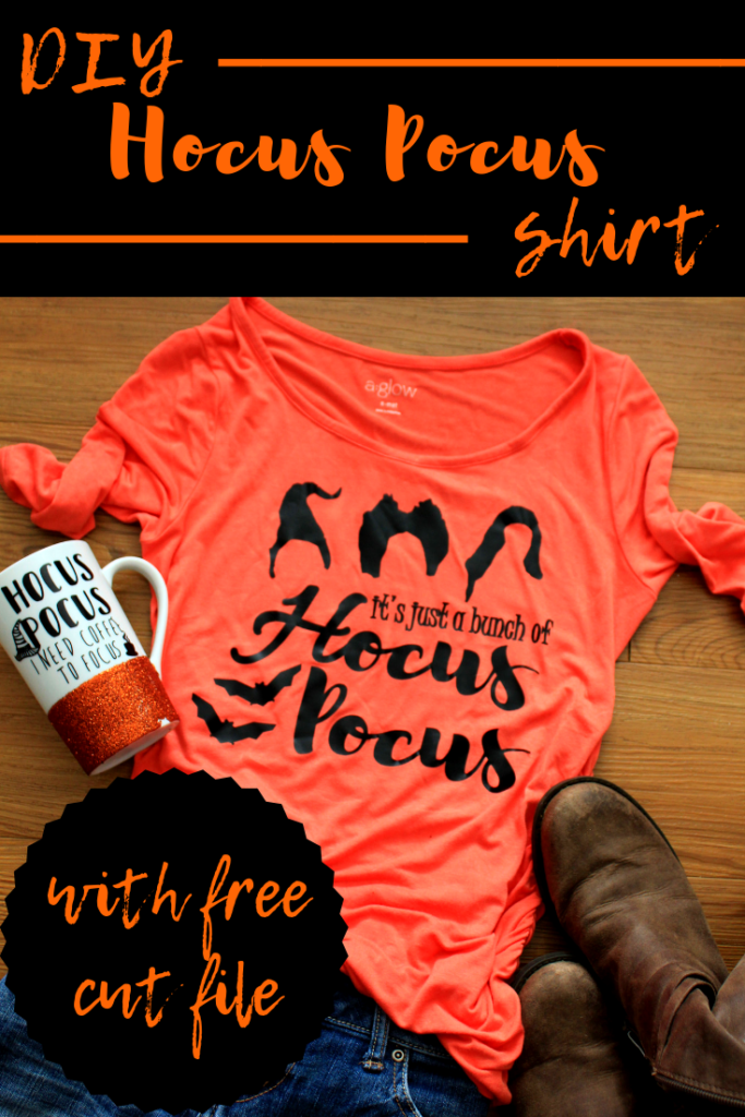 Simple DIY Hocus Pocus shirt, with a free cut file! Made with heat transfer vinyl. #halloween #silhouette #fall #DIY