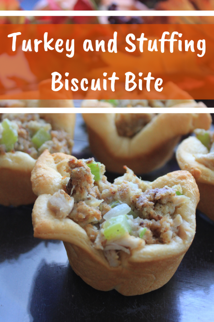 Need an idea for Thanksgiving, or to use up leftovers? These Turkey Biscuit Bites are easy to make and turn out so tasty. Made with turkey, stuffing, and biscuits. #Thanksgiving #turkey #recipe