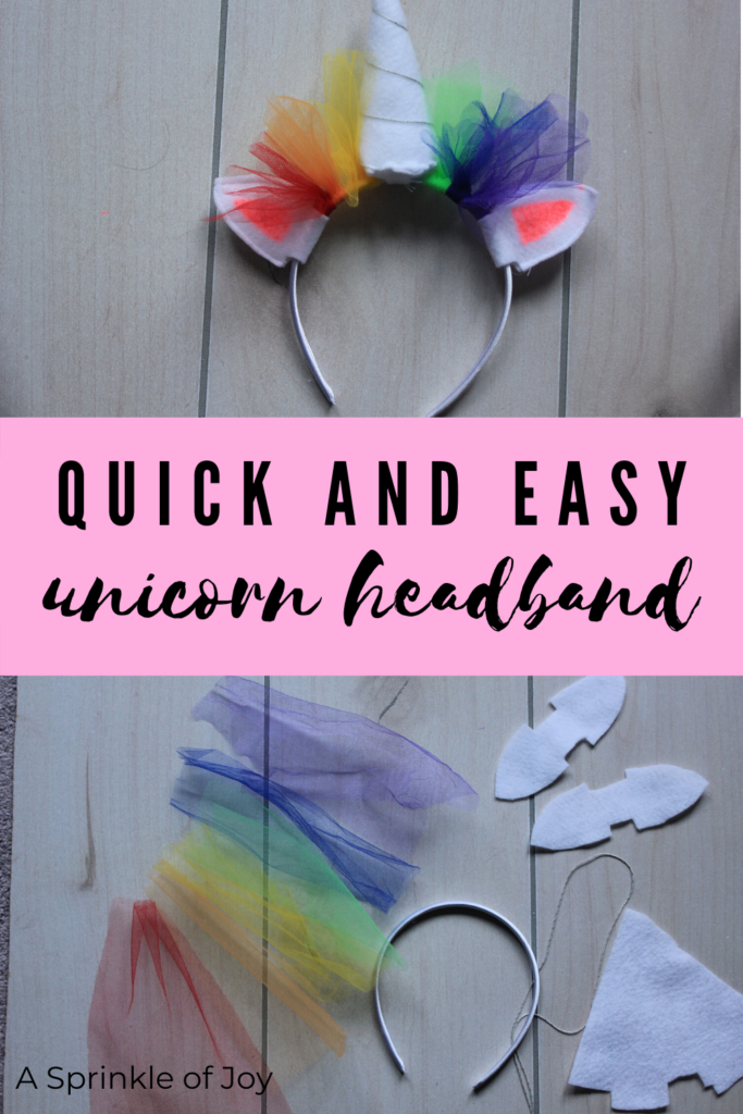 Easy DIY unicorn headband made with tulle and felt.  A simple DIY Unicorn headband made with tulle and felt. Easy to assemble. Great for birthday parties or Halloween costumes. #diy #unicorn 