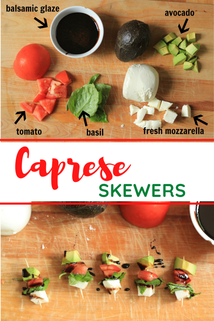 super simple recipe for tasty California caprese skewer appetizers. Made with avocado. #party #caprese
