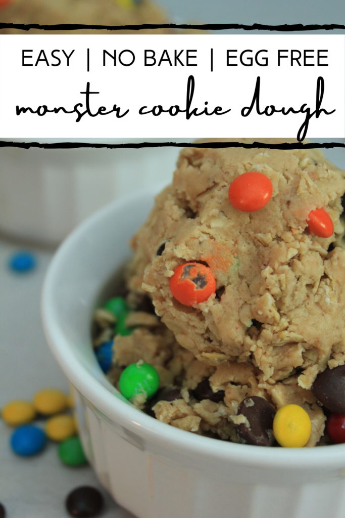 Quick and easy edible monster cookie dough.   A fun egg free, edible monster cookie dough recipe to make with your kids.