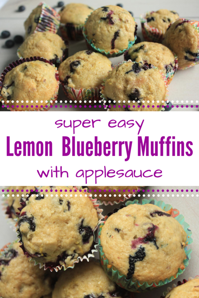 Easy recipe for homemade lemon blueberry muffins with applesauce.  Perfect way to use fresh or frozen blueberries!