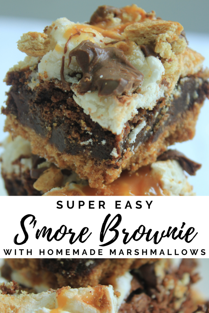 Easy smore brownie recipe using homemade marshmallows.  Can be made with brownies from a box or from scratch. Salted Caramel S'more Brownie  #brownies #smores #summer