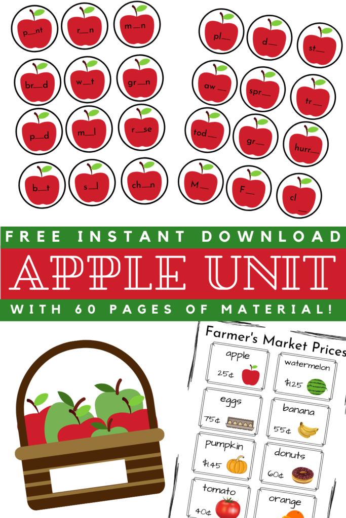 Apple themed unit for elementary school.  Apple themed unit for second grade.  Apple themed unit for homeschool.  Free apple themed unit.