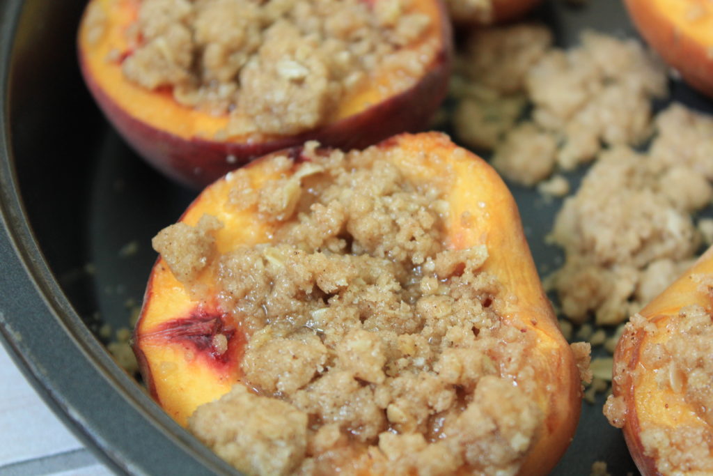 Super simple dessert, Baked Peaches with Streusel Topping  