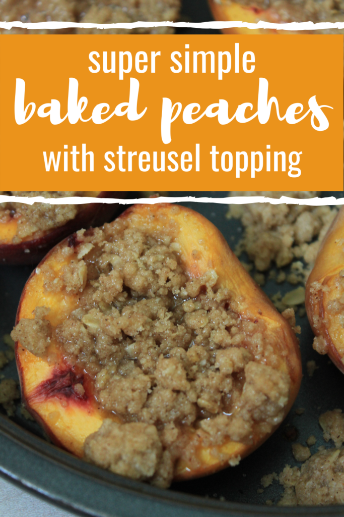 Easy oven baked peaches with topping. Fall dessert.