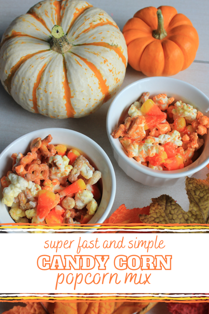 Fast and simple candy corn popcorn recipe.  Quick candy corn popcorn recipe made with melted chocolate. 