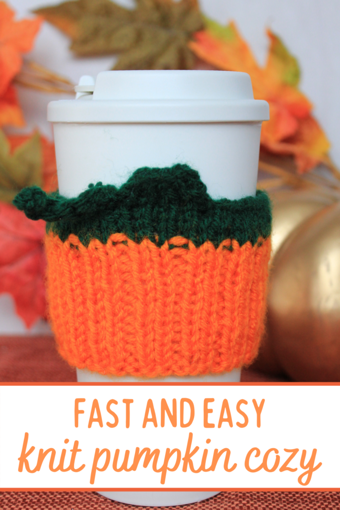 Free pattern for a knitted pumpkin cozy.  Free knitted pumpkin tumbler cozy.  Simple knit pumpkin cozy.