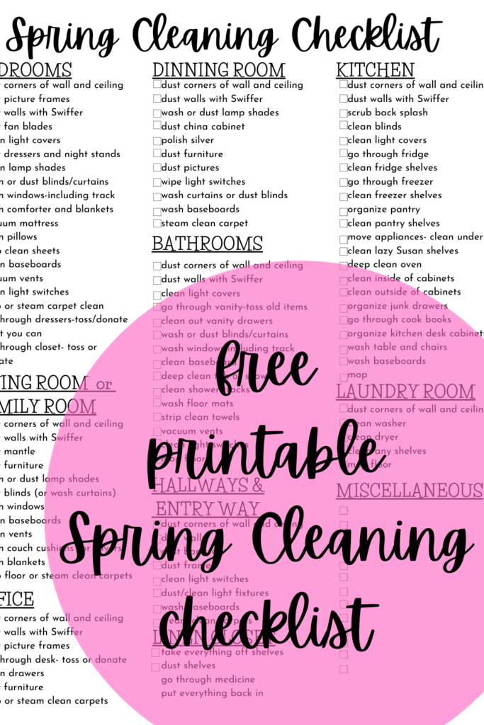 Free Printable Spring Cleaning Checklist.  Spring cleaning schedule broken down by room. 