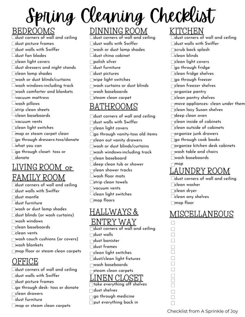 Free printable spring cleaning checklist.  Checklist to use when spring cleaning