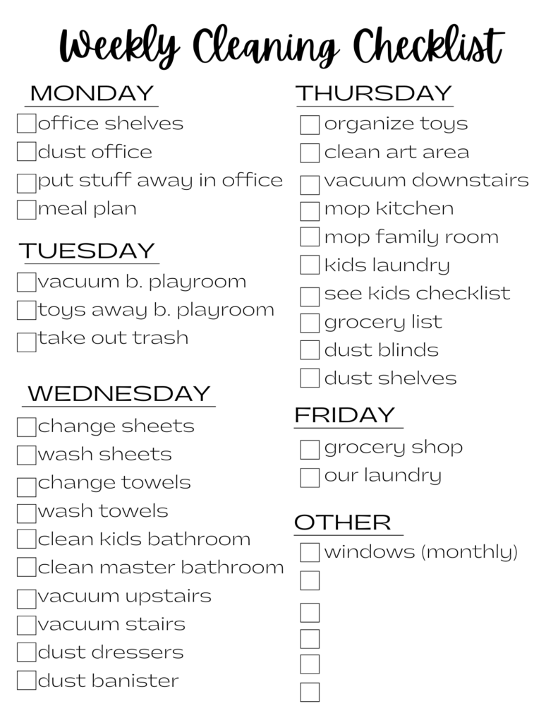 Free weekly cleaning checklist.  Printable weekly cleaning checklist.  Weekly cleaning schedule. 