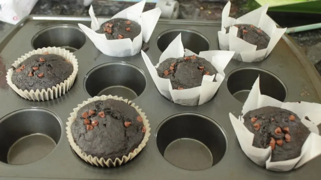 baked double chocolate banana muffins with fresh milled flour